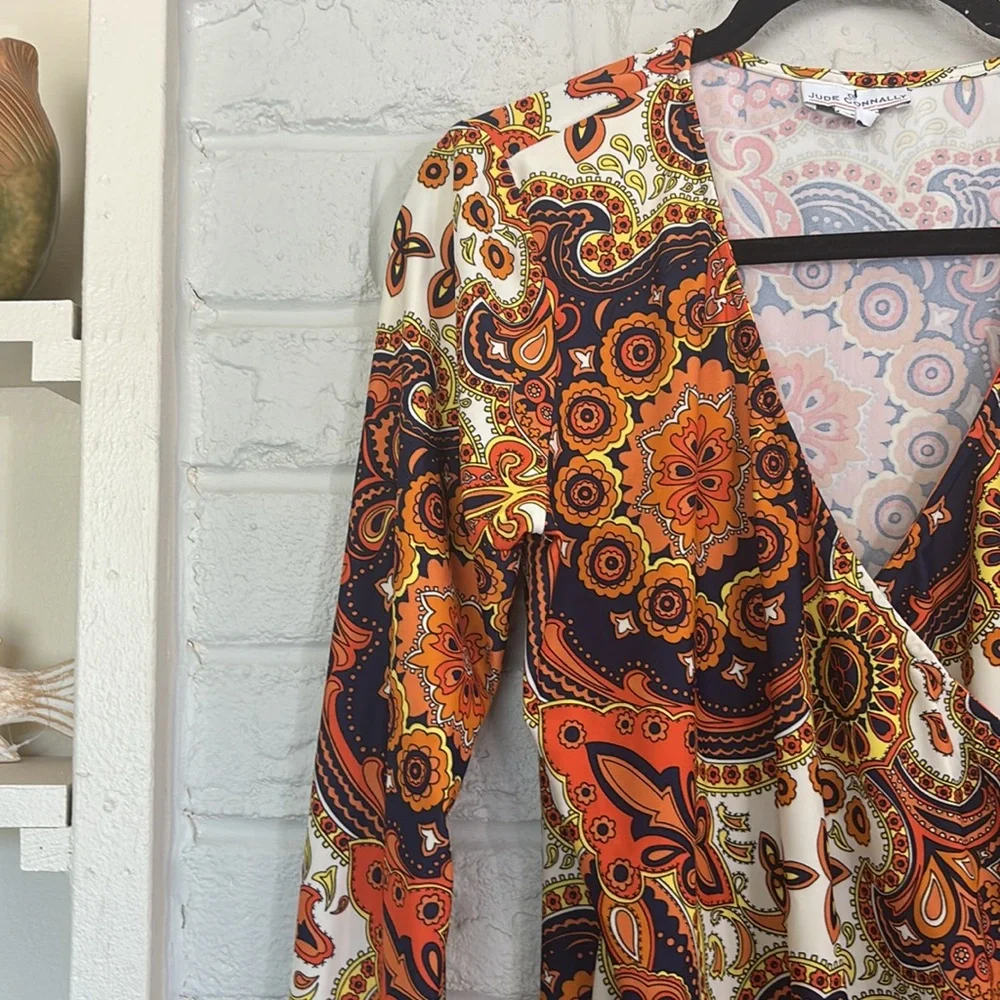 Jude Connally Bold Paisley Print Wrap Style Dress Size Medium
